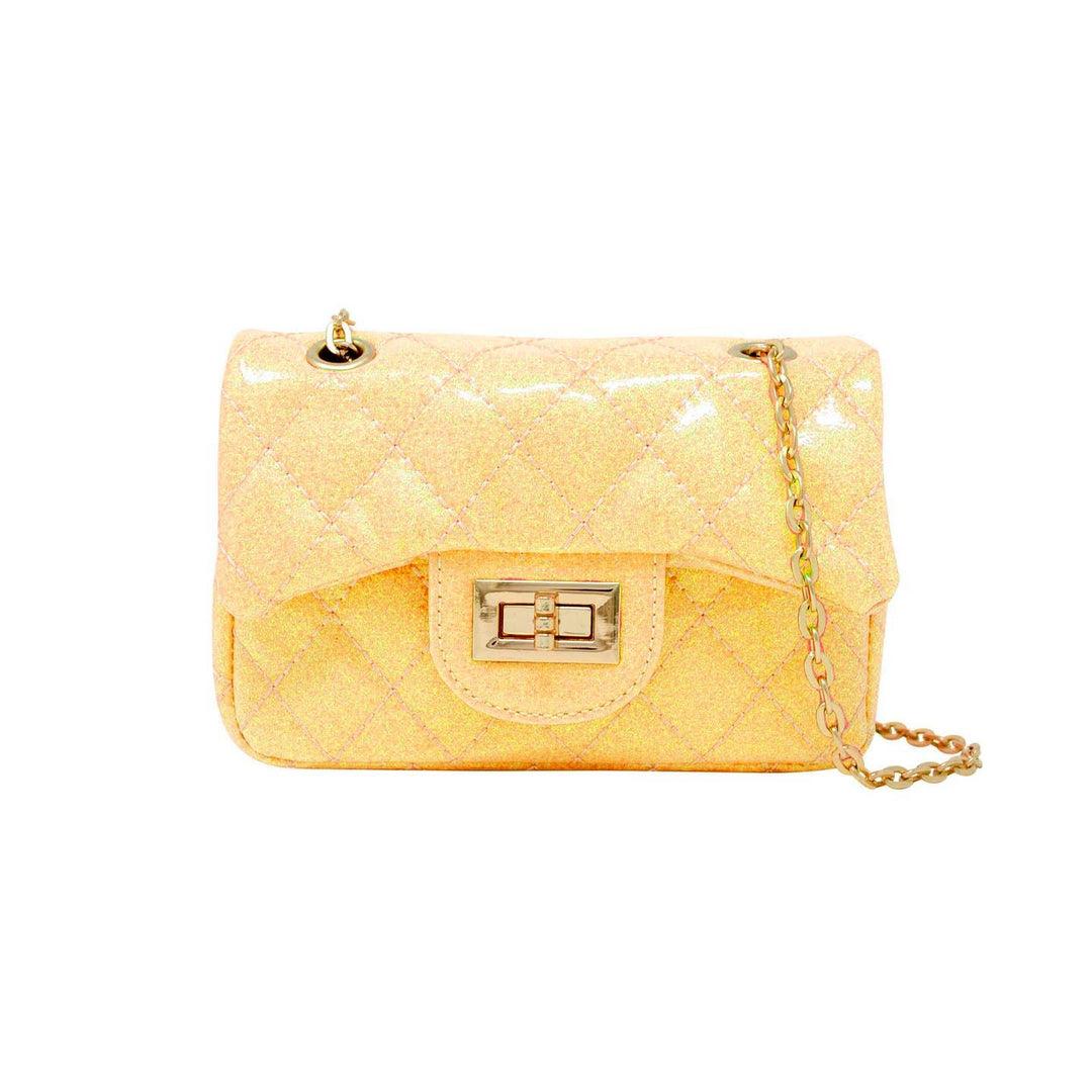 kids quiltes sparkle handbag in yellow with gold chain. 