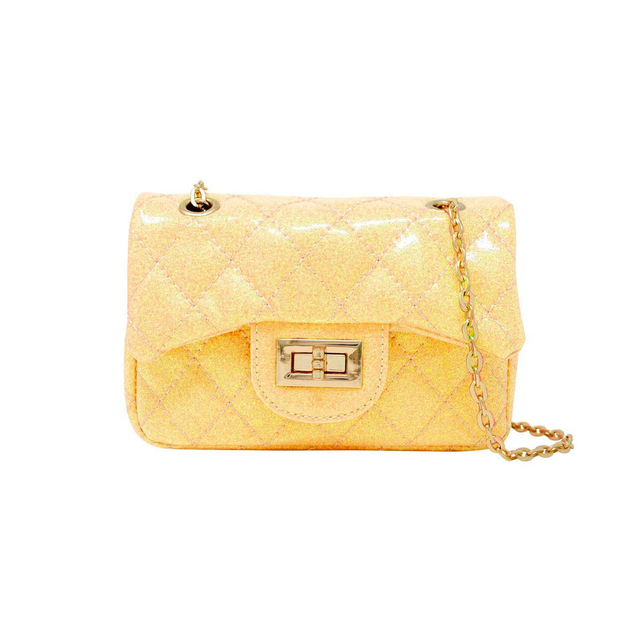 kids quiltes sparkle handbag in yellow with gold chain. 