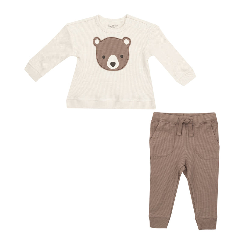 thermal waffle set, ivory sweatshirt with teddy bear on it and brown waffle joggers with drawstring 