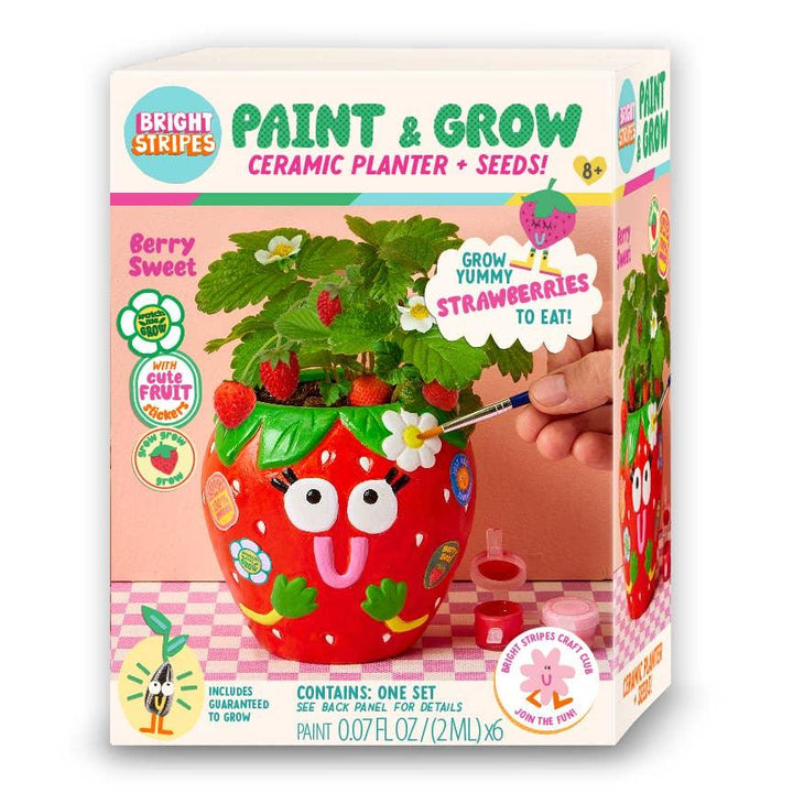 paint and grow planter shaped like a strawberry with a happy face and a daisy on it. the planter is in the packaging. 