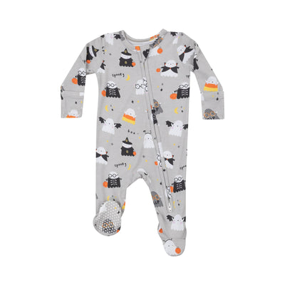 gray baby onesie with halloween print. ghosts dressed up in Halloween costumes