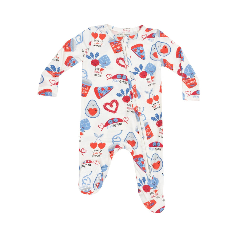 baby footie with a valentines day theme: all different foods smiliing and carrying hearts in red and blue 