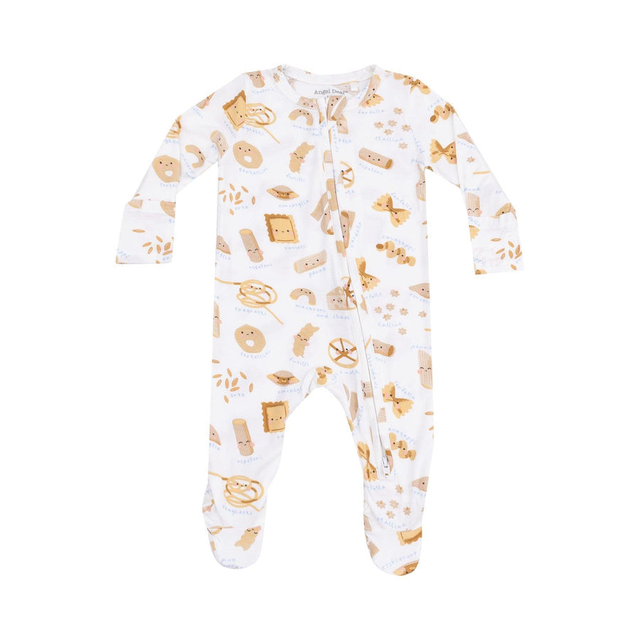 baby footie, 2 way zipper with pasta print all over. 