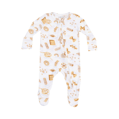 baby footie, 2 way zipper with pasta print all over. 