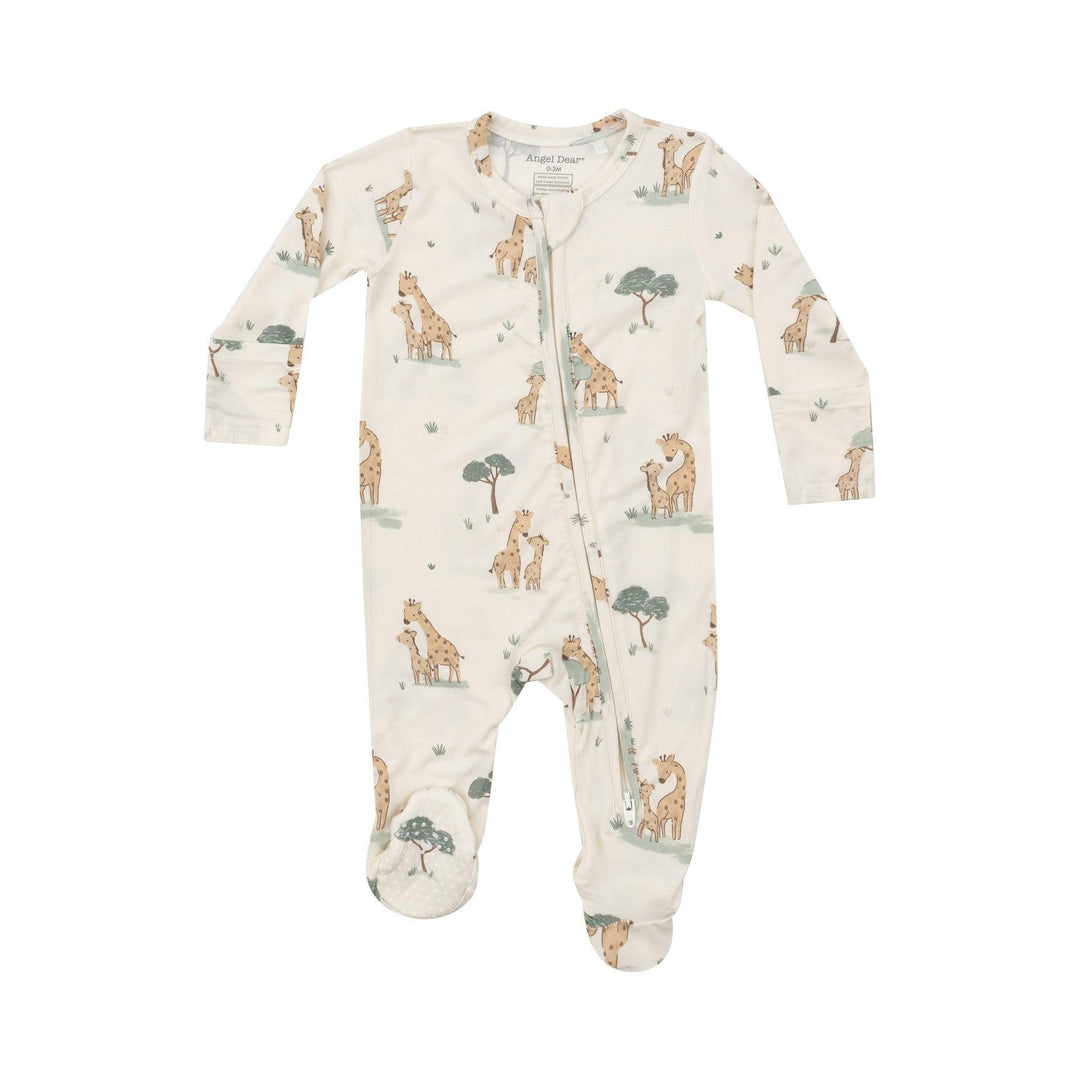 ivory baby footie with giraffe families all over it. 