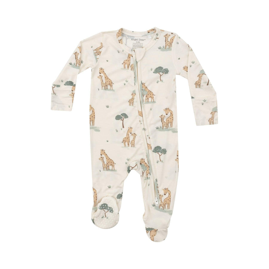 ivory baby footie with giraffe families all over it. 