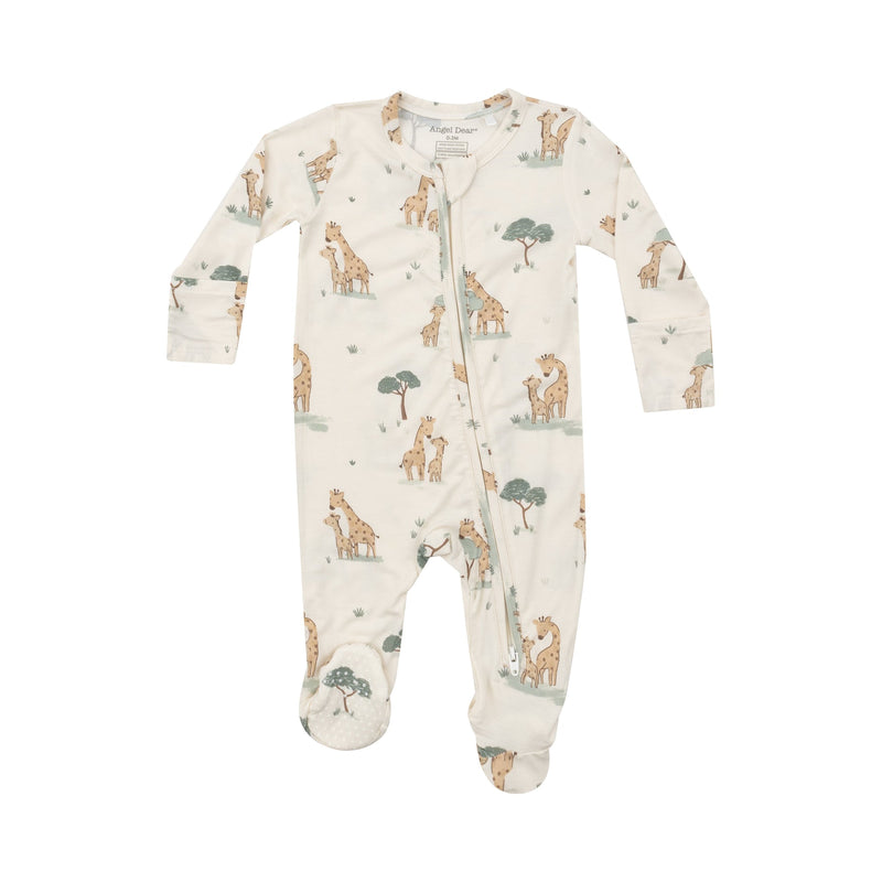 ivory baby footie with giraffe families all over it. 