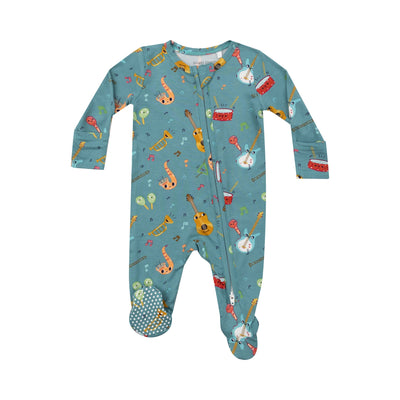 baby footie, teal background color with instruments that have little faces on them as all over print