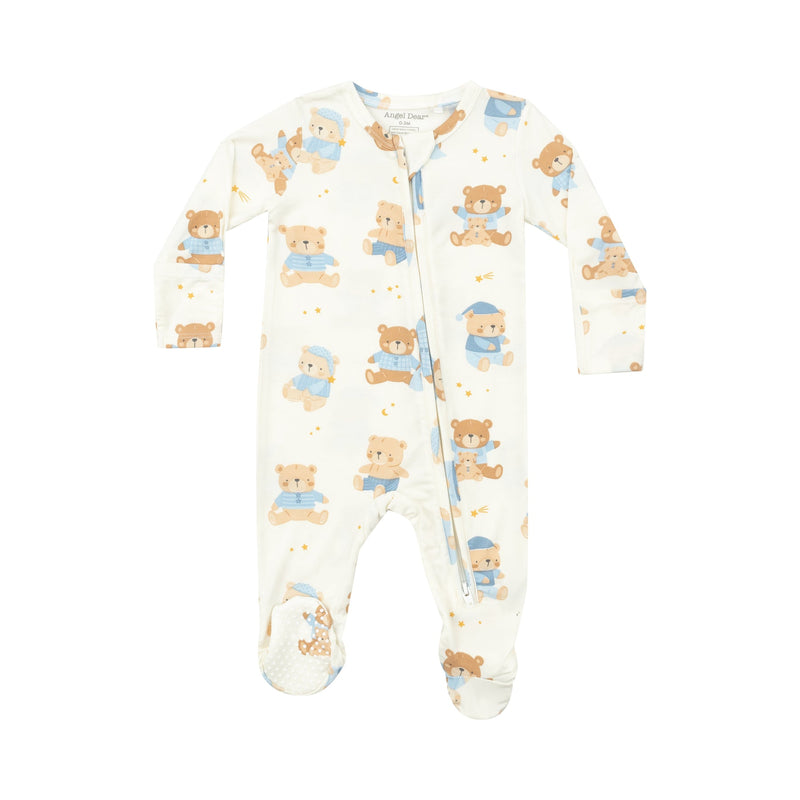 baby footie ivory background with teddy bears all over print dressed in blue pajamas