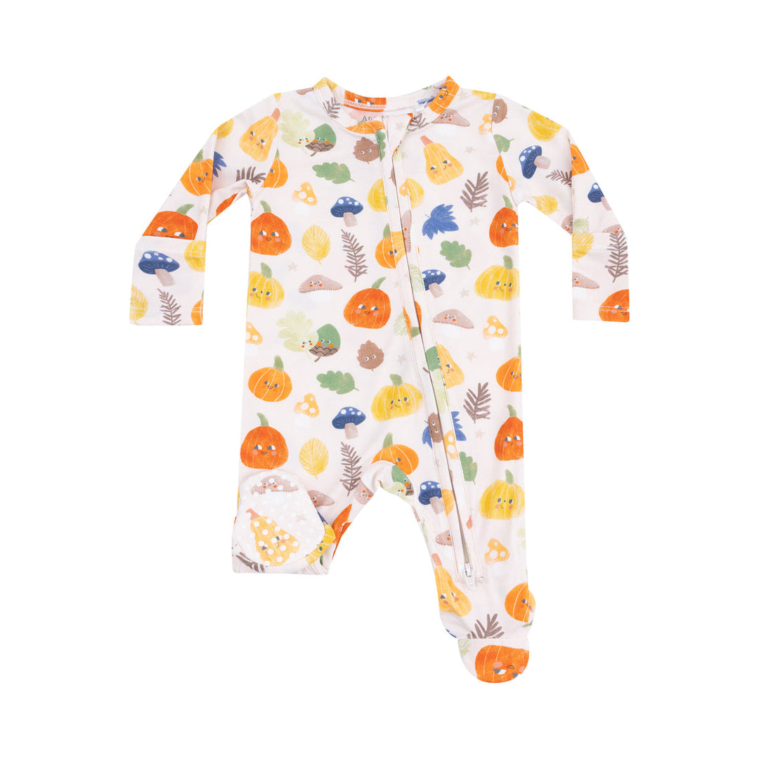 Baby Boy Footie | 2 Way Zipper: Autumn Pumpkins - Blue | Angel Dear