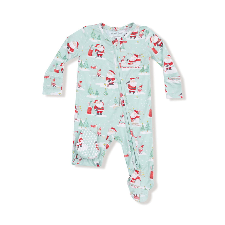 Christmas-themed baby onesie with Santa Claus golfing pattern on a light mint background