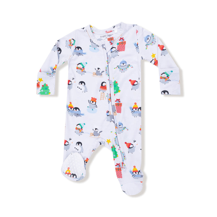 Baby onesie with penguin and snowman pattern on a white background