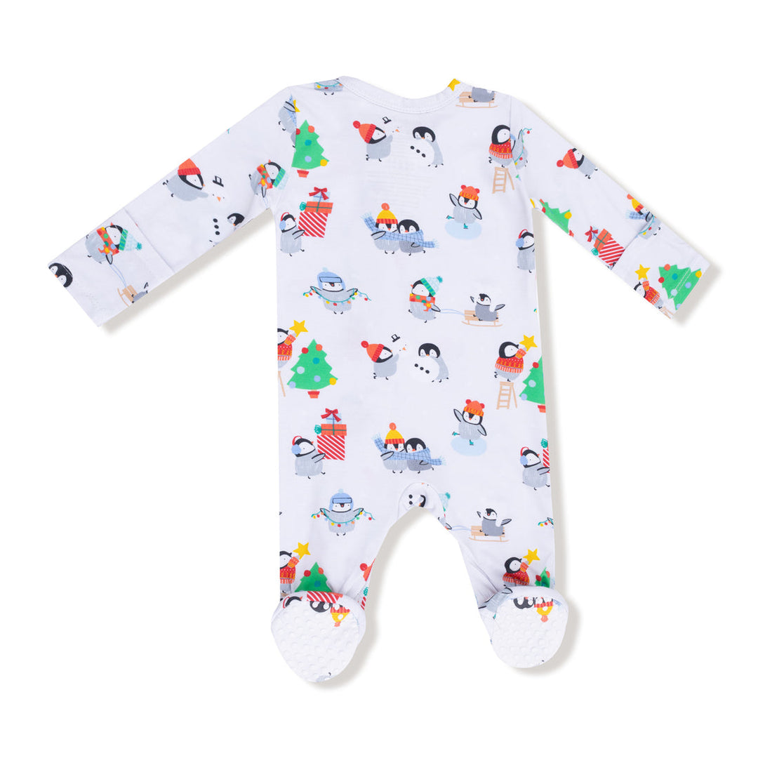 back Baby onesie with Christmas-themed penguin design on a white background