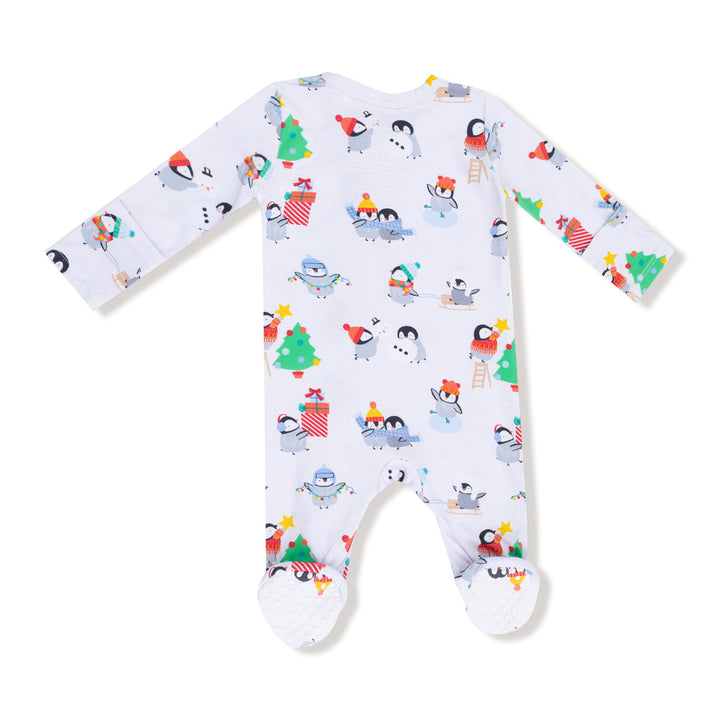 back Baby onesie with Christmas-themed penguin design on a white background