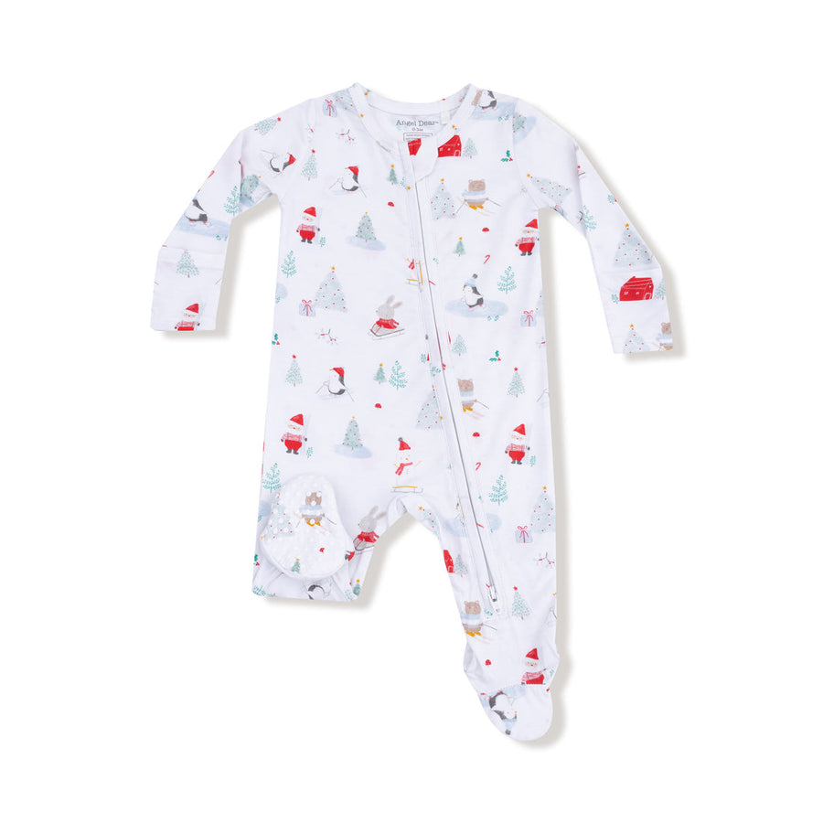 Baby onesie with a colorful Holiday pattern on a white background