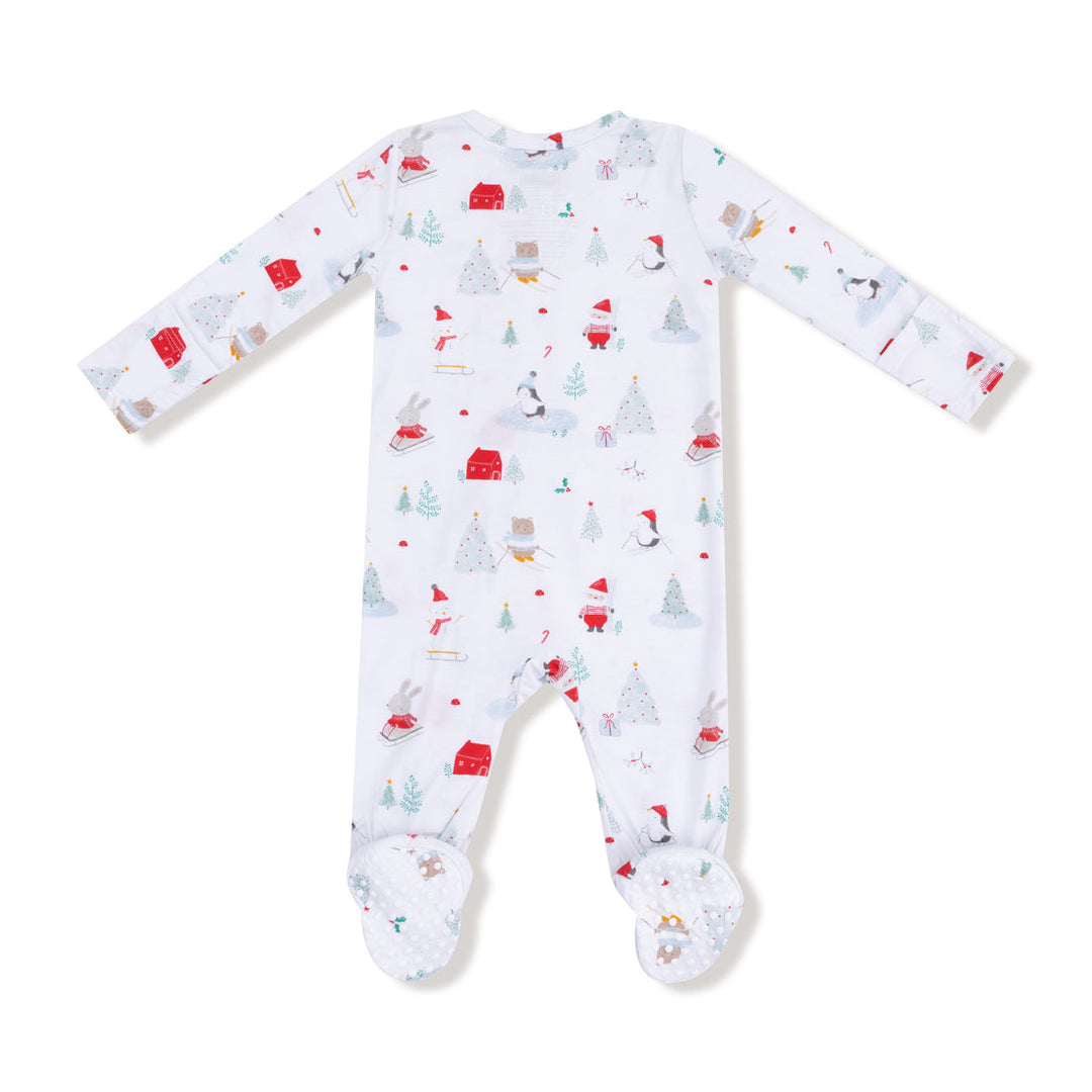 Back of Baby onesie with Christmas-themed pattern on a white background