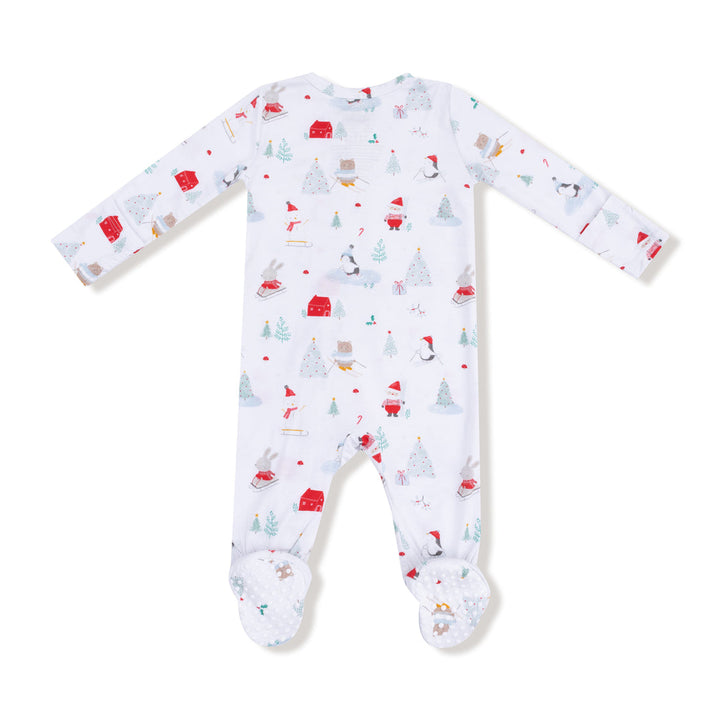 Back of Baby onesie with Christmas-themed pattern on a white background