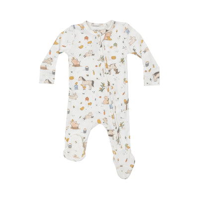 baby footie with baby farm animals all over the footie. 