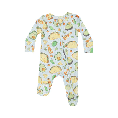 baby footie covered in happy tacos. light blue background with taco print. 