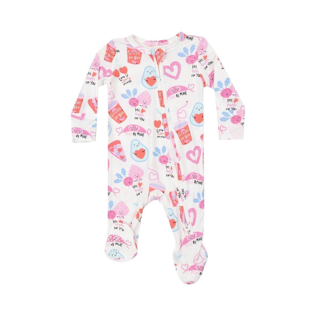 off white footie with double zipper and all over valentines day print: pzza, hearts, avocados and other food all holding hearts 