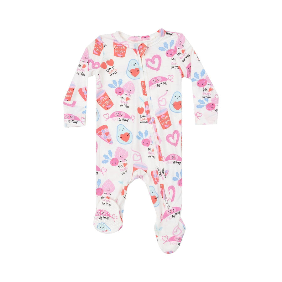 off white footie with double zipper and all over valentines day print: pzza, hearts, avocados and other food all holding hearts 