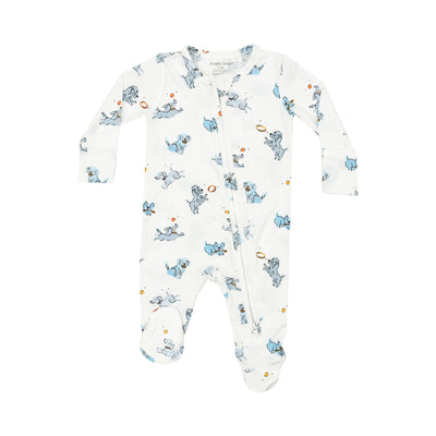 Baby Boy Footie with a white background and blue puppies playing about the onesie. 