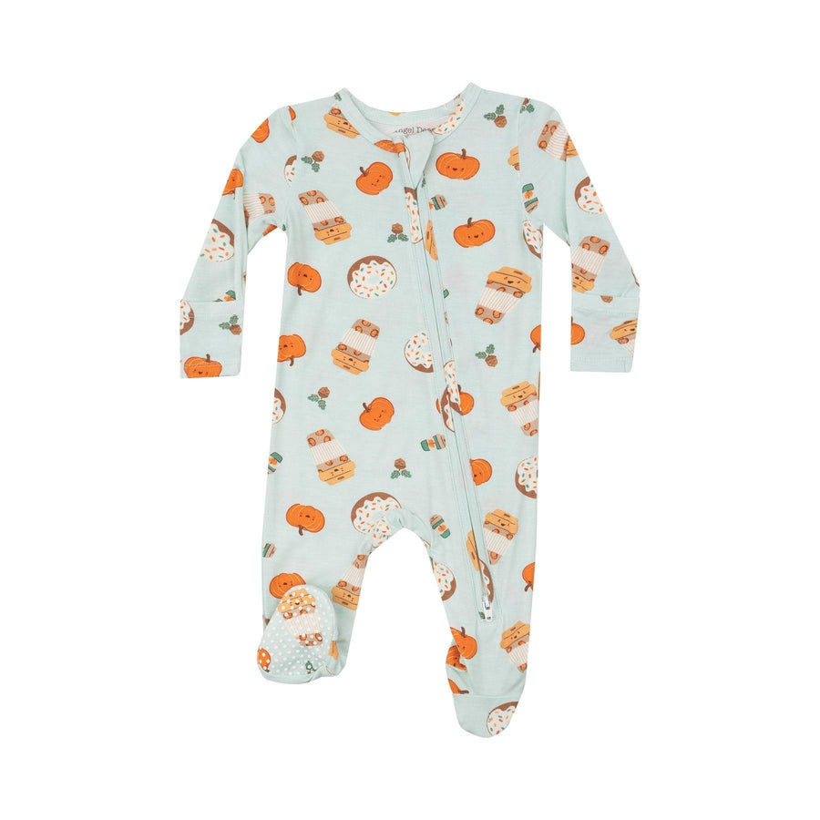 baby footie with 2 way zipper. sage green color base with pumpkin spice lattes, donuts and pumpkins all over the footie