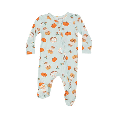 baby footie with 2 way zipper. sage green color base with pumpkin spice lattes, donuts and pumpkins all over the footie