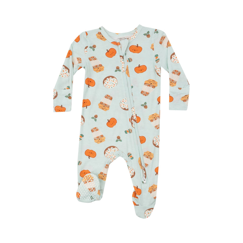 baby footie with 2 way zipper. sage green color base with pumpkin spice lattes, donuts and pumpkins all over the footie