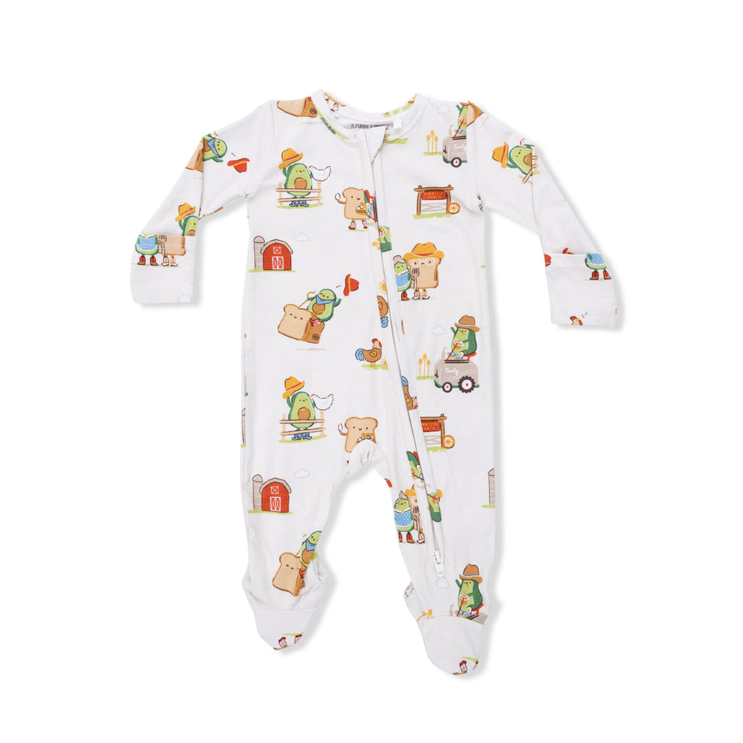 front of Baby onesie with colorful farm animal pattern on a white background