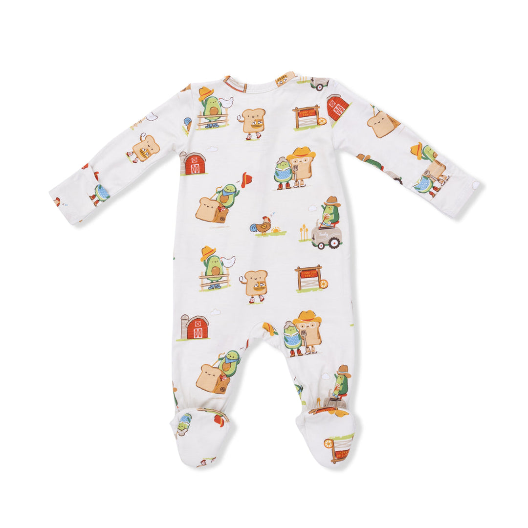 back of Baby onesie with colorful farm animal pattern on a white background