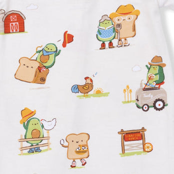 Baby onesie with colorful farm animal pattern on a white background