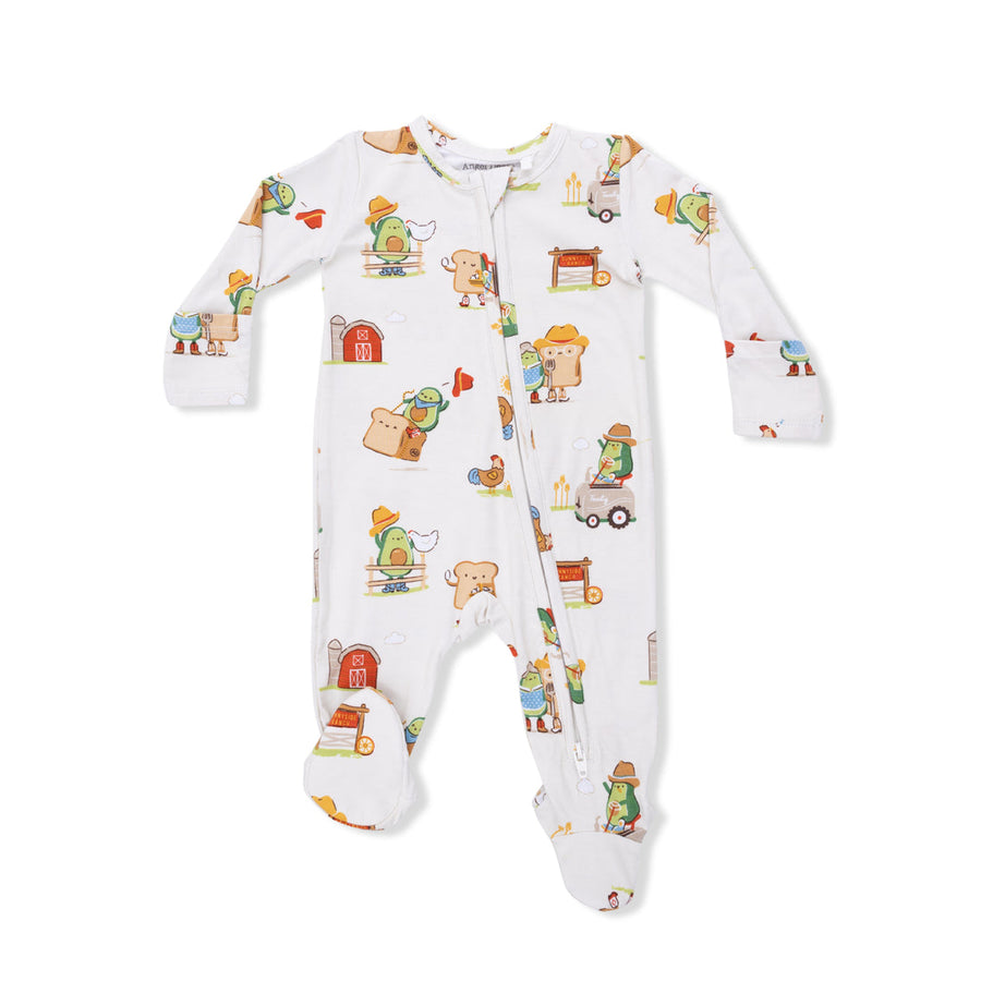 Baby onesie with colorful farm animal pattern on a white background