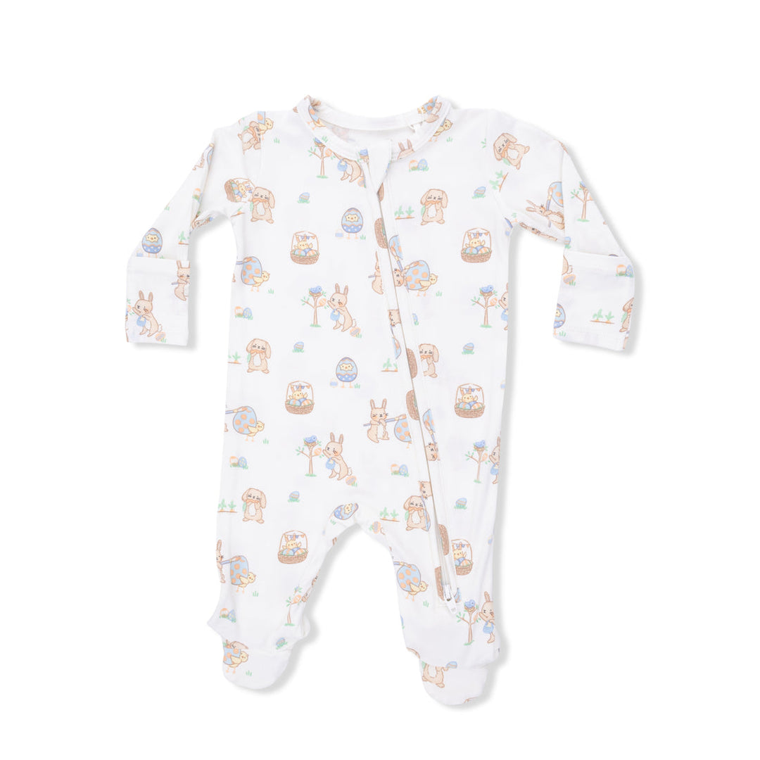 Baby onesie with easter bunny pattern on a white background