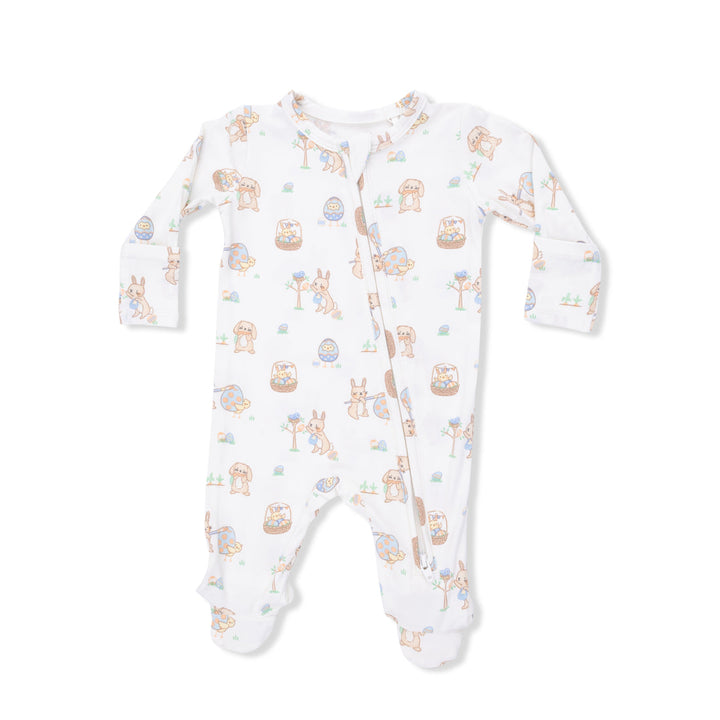 Baby onesie with easter bunny pattern on a white background