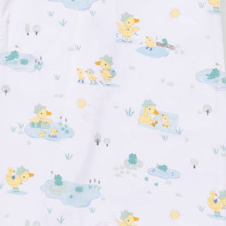Baby onesie with  pattern frog and duck pond on a white background