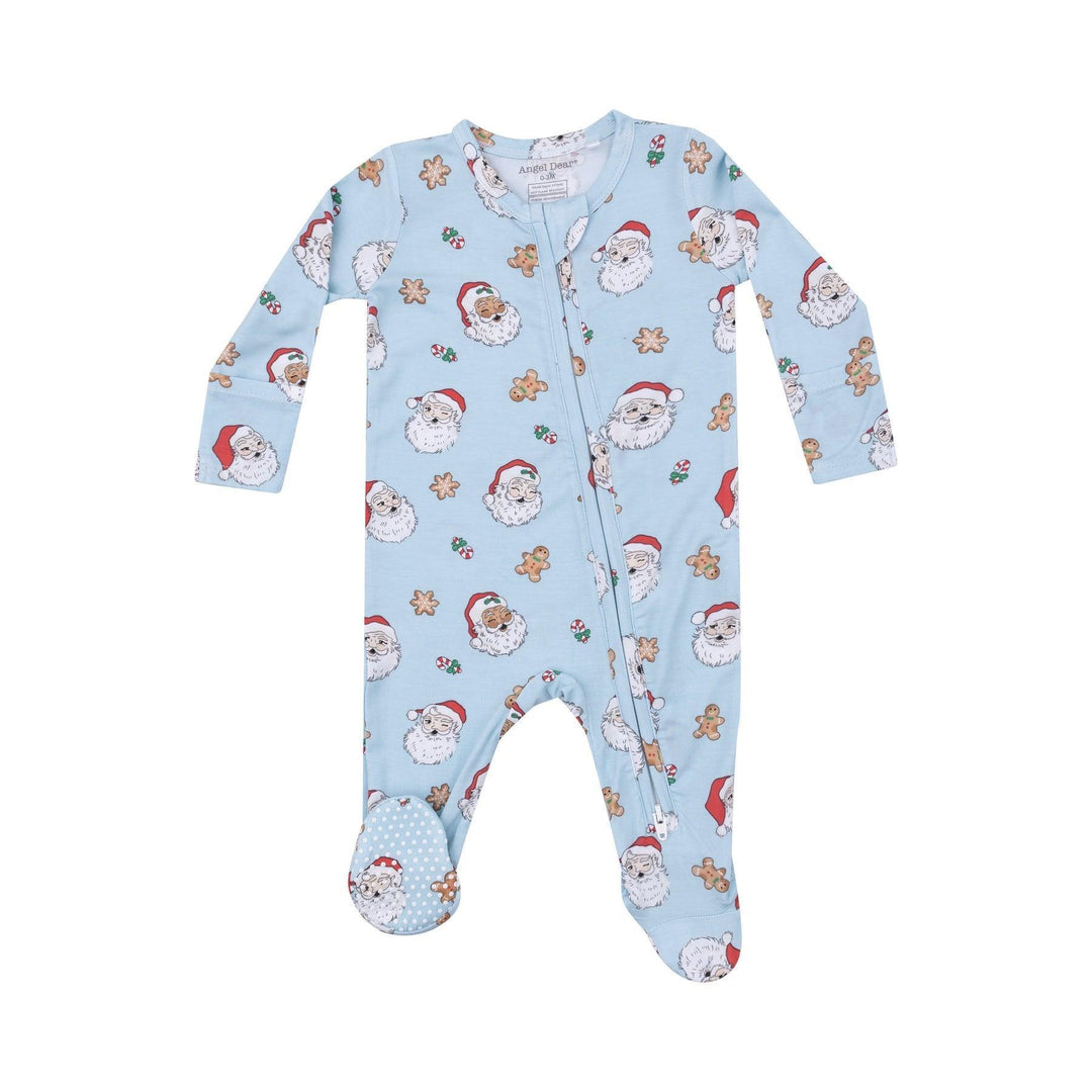 Baby Boy Footie | 2 Way Zipper: Vintage Santa - Blue | Angel Dear