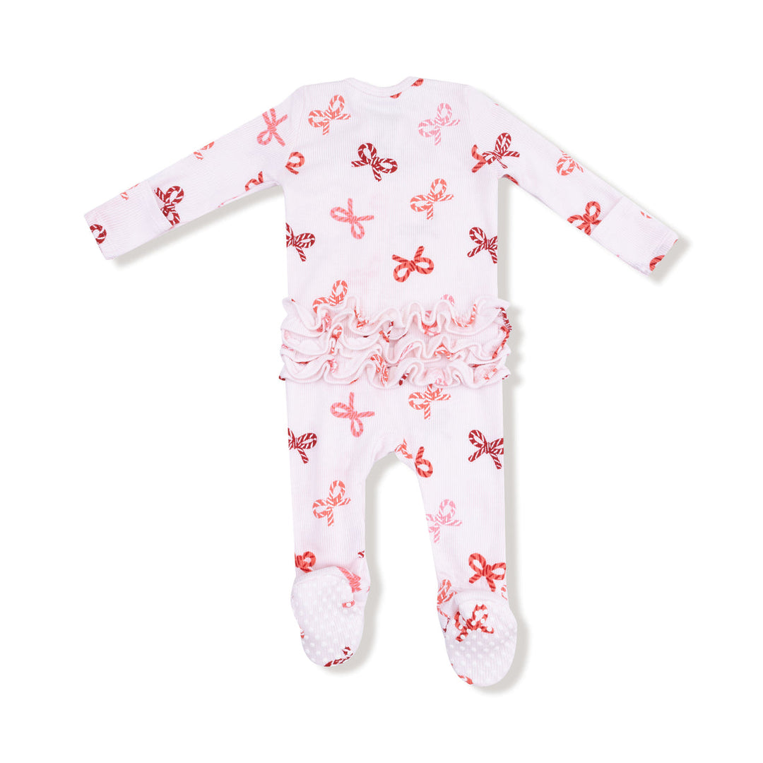 back of Baby onesie with candy cane bows pattern on a white background