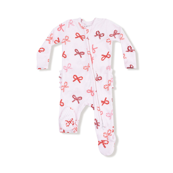 Baby onesie with red candy cane bows pattern on a white background