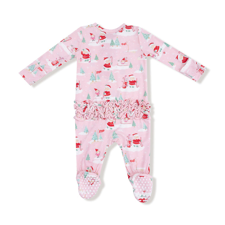 back of Pink baby onesie with Christmas-themed print on a white background