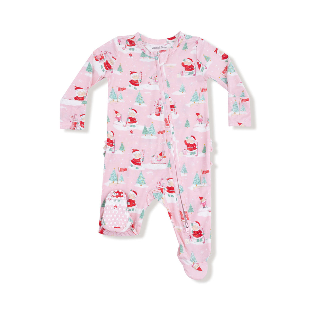 Pink baby onesie with Christmas-themed print on a white background