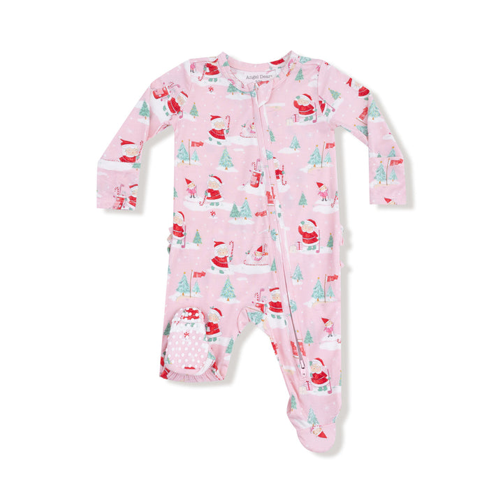 Pink baby onesie with Christmas-themed print on a white background