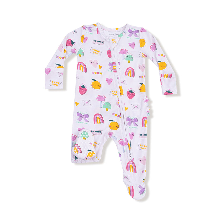 Baby onesie with colorful patterns on a white background