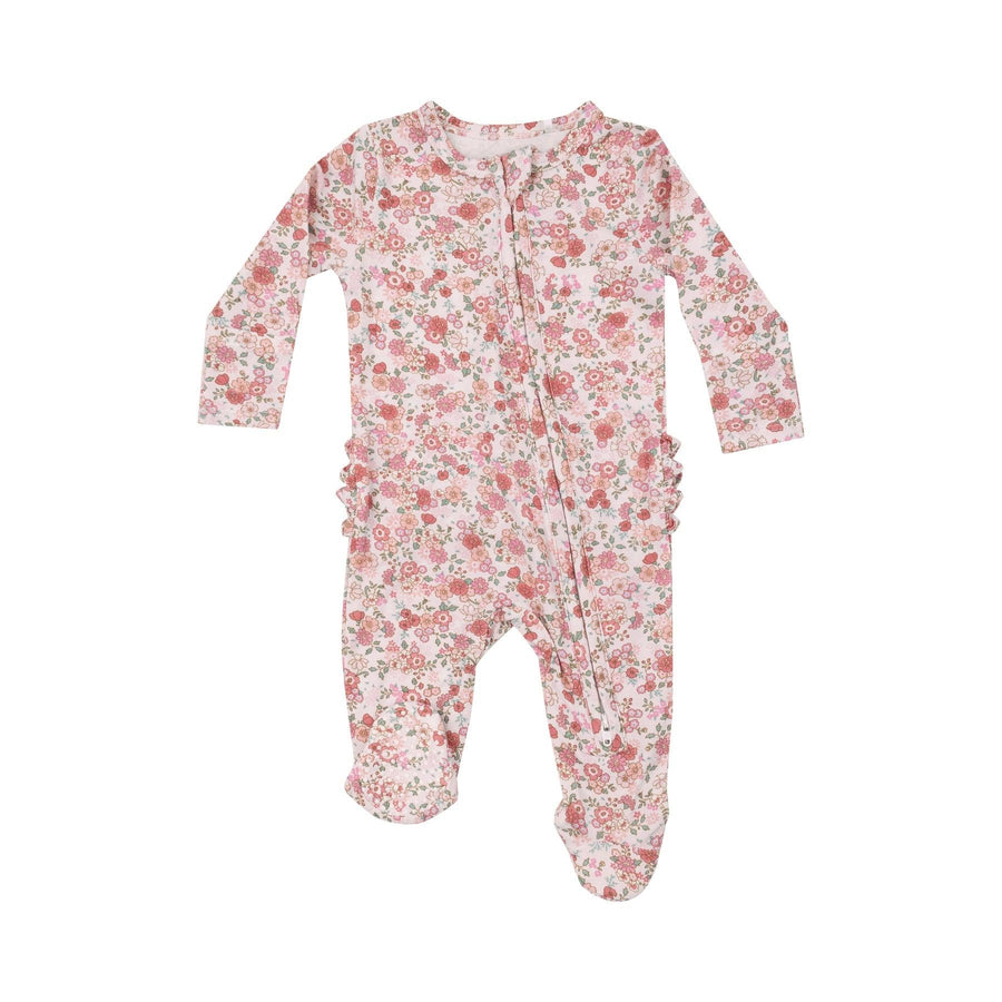 baby girl footie in a pretty pink floral design all over it. 