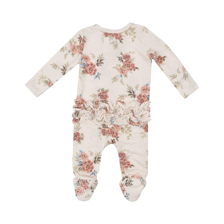 back of baby footie with roses all over it. there are ruffles on the bum.