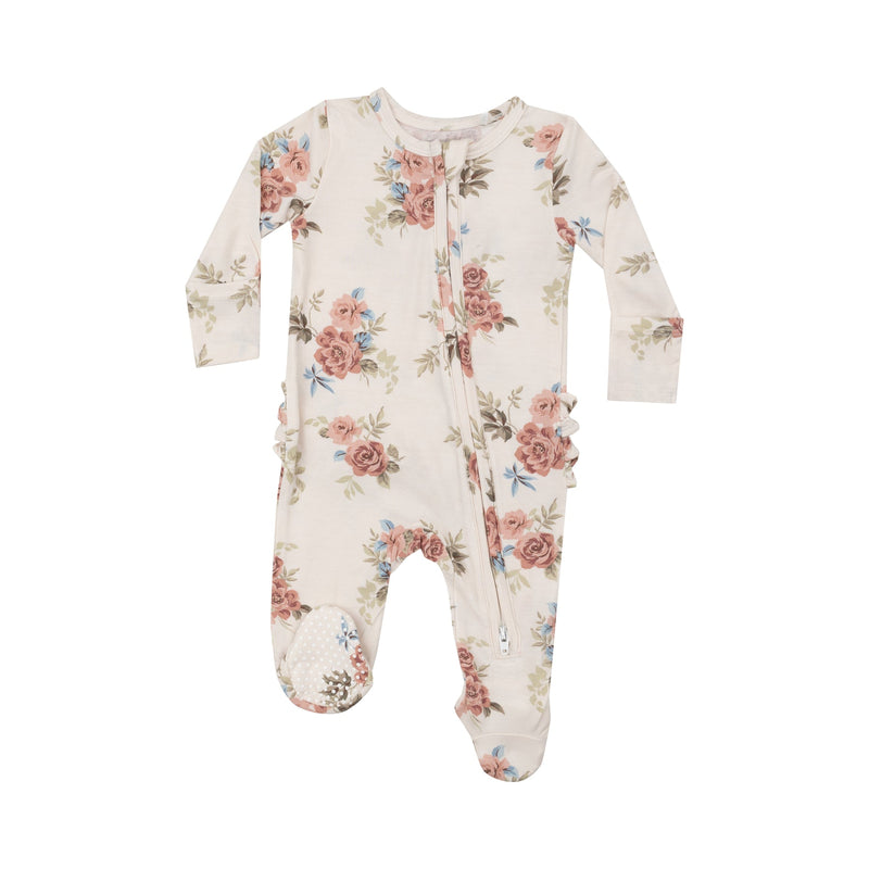 ivory baby footie with pink roses all over it. 