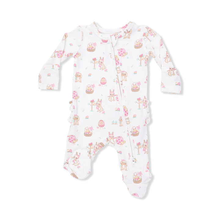 Baby onesie with  easter animal print on a white background