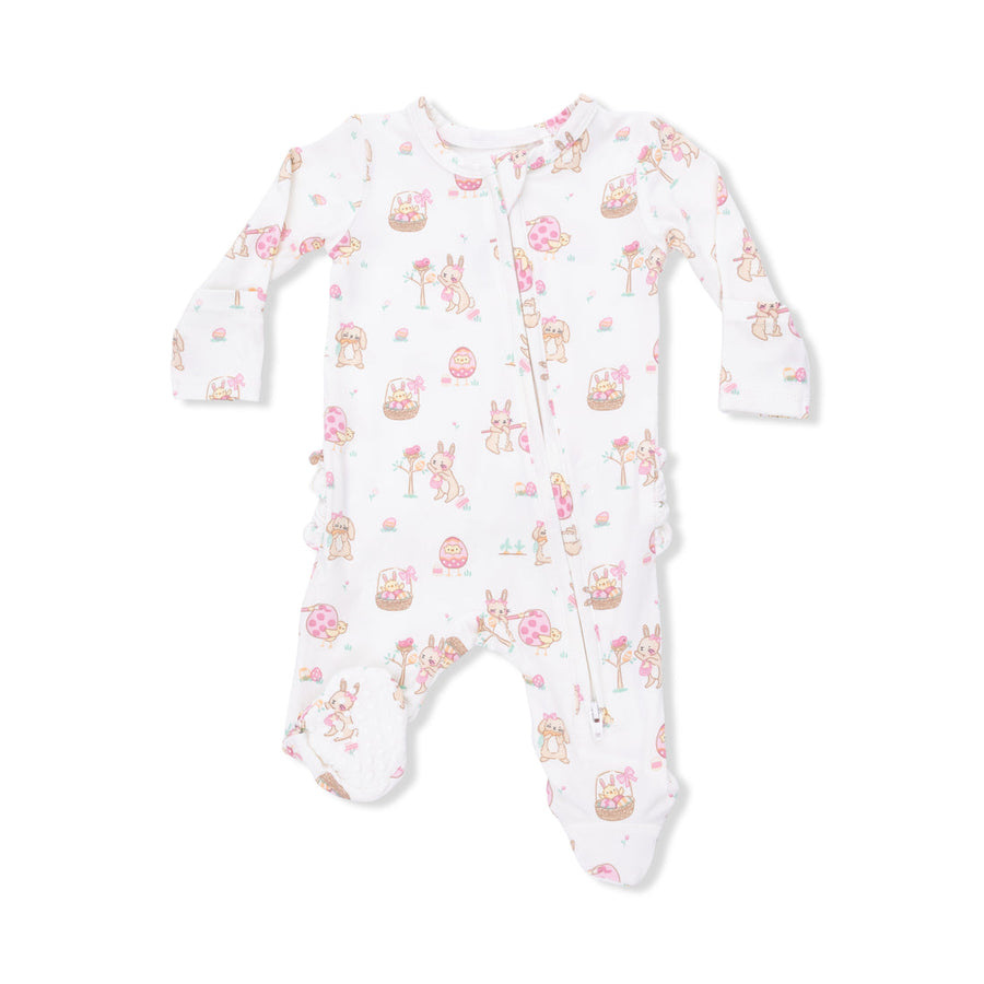 Baby onesie with  easter animal print on a white background