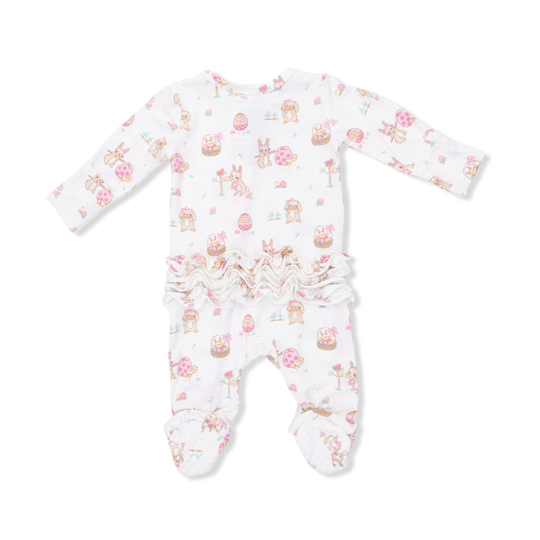Baby onesie with easter floral and animal pattern on a white background