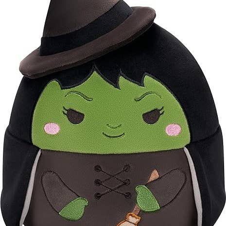 Elphaba Plush toy with a green face, black hat, and brown outfit 
